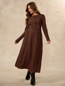 Boho Mama Maternity Crew Neck Long Sleeve Top And Long Skirt 2 Pieces Set Photoshoot Winter Casual Fall - Brown - View 4