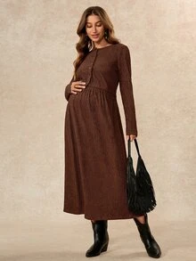 Boho Mama Maternity Crew Neck Long Sleeve Top And Long Skirt 2 Pieces Set Photoshoot Winter Casual Fall - Brown - View 5