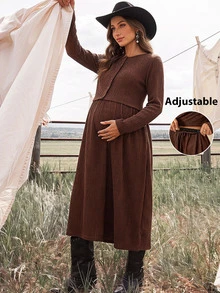 Boho Mama Maternity Crew Neck Long Sleeve Top And Long Skirt 2 Pieces Set Photoshoot Winter Casual Fall - Brown - View 3