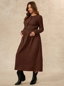 Boho Mama Maternity Crew Neck Long Sleeve Top And Long Skirt 2 Pieces Set Photoshoot Winter Casual Fall - Brown - View 7