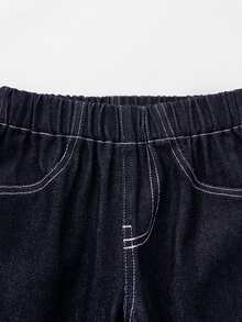 SHEIN Genkimix Kids 2件套女童深藍色水洗牛仔領長袖夾克與寬鬆長褲，精緻日常穿著，附棕色皮革貼布，學院風，適合返校季 - 深色水洗藍 - 查看 11