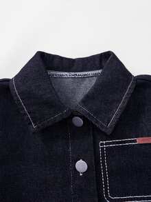 SHEIN Genkimix Kids 2件套女童深藍色水洗牛仔領長袖夾克與寬鬆長褲，精緻日常穿著，附棕色皮革貼布，學院風，適合返校季 - 深色水洗藍 - 查看 12