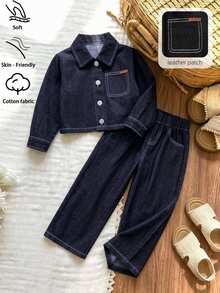 SHEIN Genkimix Kids 2件套女童深藍色水洗牛仔領長袖夾克與寬鬆長褲，精緻日常穿著，附棕色皮革貼布，學院風，適合返校季 - 深色水洗藍 - 查看 6
