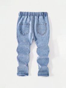 SHEIN 休閒彈性腰圍可調抽繩百搭素色修身彈力緊身牛仔褲，適合青少年男孩、學生、校園、大學穿著 - 淺色水洗藍 - 查看 3
