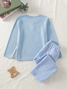 SHEIN Vintaside Kids 男童 2 件組羅紋針織亨利領睡衣套裝，長袖鈕扣上衣與格紋鬆緊腰長褲，柔軟舒適居家服 - 淺藍色 - 查看 2