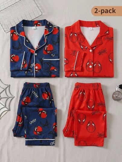 Boys' Red Bottom Playful Spider Mask Pattern BOOOM Knitted Turn-Down Collar Short Sleeve & Shorts 2-Piece Set, Made Of Comfortable Flame-Retardant Fabric, Perfect For Boys' Home Leisure Wear