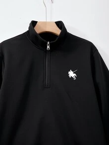 青少年男孩休閒學院風 Polo 領半拉鍊運動衫，適合校園、休閒與運動穿著 - 黑色 - 查看 5