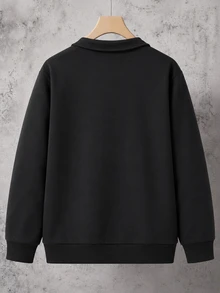 青少年男孩休閒學院風 Polo 領半拉鍊運動衫，適合校園、休閒與運動穿著 - 黑色 - 查看 2