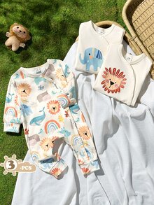SHEIN Vintaside Kids 男嬰幼兒 0-3 歲，可愛動物印花連身衣三件套 - 杏色 - 查看 4