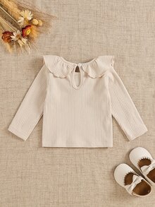 SHEIN 1pc Toddler Girl Ribbed Pullover Top Cute Sweet Pink Ruffle Collar Knit Long Sleeve Round Neck Back To School Fall Autumn Christmas Fall Tops Layering - Pink - View 9