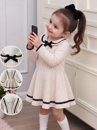 SHEIN Playful Pals فستان بناتي صغير قطعة واحدة باللون الكاكي بياقة أكاديمية وأكمام طويلة مع فيونكة وياقة دمية، قماش مضلع ناعم، خصر مشدود وقصة A-Line، فستان كوري عتيق أنيق وبسيط وحلو، مناسب للخروجات اليومية في الربيع والخريف والسفر والتسوق والمناسبات الأخرى