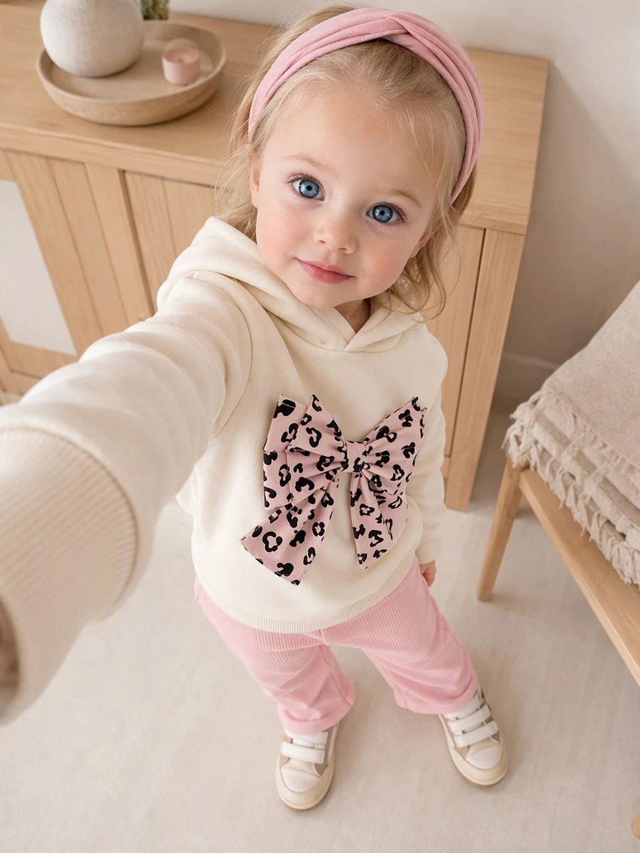 SHEIN Vintaside Kids 3件組幼女連帽褲套裝，甜美可愛奶油粉豹紋蝴蝶結羅紋長袖連帽款，適合生日派對、秋季、萬聖節、聖誕節，附髮箍
