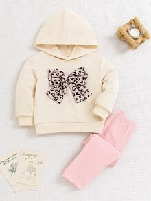 SHEIN Vintaside Kids 3件組幼女連帽褲套裝，甜美可愛奶油粉豹紋蝴蝶結羅紋長袖連帽款，適合生日派對、秋季、萬聖節、聖誕節，附髮箍 - 彩色 - 查看 11