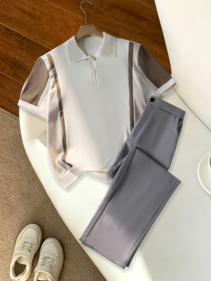 Teen Boys Apricot Half-Zip Polo With Colorblock Design Short Sleeve + Light Gray Minimalist Casual Long Pants Set, Suitable For Spring, Summer And Early Autumn