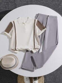 Teen Boys Apricot Half-Zip Polo With Colorblock Design Short Sleeve + Light Gray Minimalist Casual Long Pants Set, Suitable For Spring, Summer And Early Autumn - Apricot - View 6