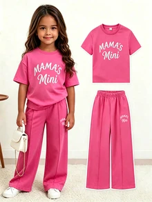 Elladie kids 少女休閒寬鬆落肩字母印花中袖衛衣運動褲兩件套返校穿搭，適合夏季與聖誕節 - 玫紅色 - 查看 4