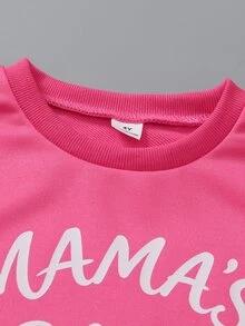 Elladie kids 少女休閒寬鬆落肩字母印花中袖衛衣運動褲兩件套返校穿搭，適合夏季與聖誕節 - 玫紅色 - 查看 5