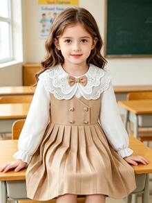 SHEIN Elladie kids 女童學院風蕾絲刺繡大領設計精緻玫瑰金雙排扣泡泡袖長袖百褶下擺洋裝，適合日常通勤休閒返校季 - 卡其色 - 查看 11
