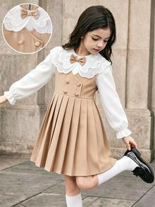 SHEIN Elladie kids 女童學院風蕾絲刺繡大領設計精緻玫瑰金雙排扣泡泡袖長袖百褶下擺洋裝，適合日常通勤休閒返校季 - 卡其色 - 查看 1