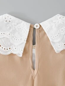 SHEIN Elladie kids 女童學院風蕾絲刺繡大領設計精緻玫瑰金雙排扣泡泡袖長袖百褶下擺洋裝，適合日常通勤休閒返校季 - 卡其色 - 查看 7