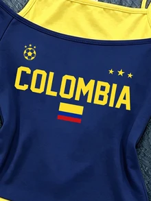 Elladie kids Tween Girls Creative Personalized Colombia Flag Navy Blue & Yellow Letter Pattern 2 In 1 Off-Shoulder Spaghetti Strap Short Sleeve T-Shirt, Summer - Multicolor - View 7