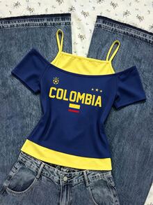 Elladie kids Tween Girls Creative Personalized Colombia Flag Navy Blue & Yellow Letter Pattern 2 In 1 Off-Shoulder Spaghetti Strap Short Sleeve T-Shirt, Summer - Multicolor - View 3