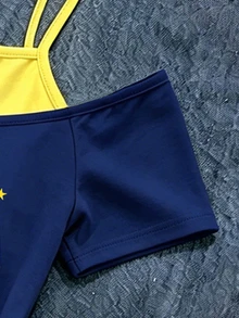Elladie kids Tween Girls Creative Personalized Colombia Flag Navy Blue & Yellow Letter Pattern 2 In 1 Off-Shoulder Spaghetti Strap Short Sleeve T-Shirt, Summer - Multicolor - View 6