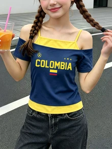 Elladie kids Tween Girls Creative Personalized Colombia Flag Navy Blue & Yellow Letter Pattern 2 In 1 Off-Shoulder Spaghetti Strap Short Sleeve T-Shirt, Summer - Multicolor - View 1