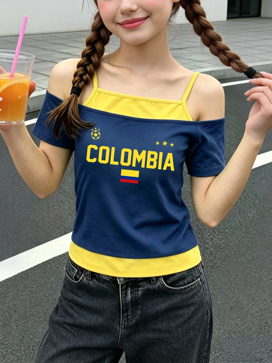 Elladie kids Tween Girls Creative Personalized Colombia Flag Navy Blue & Yellow Letter Pattern 2 In 1 Off-Shoulder Spaghetti Strap Short Sleeve T-Shirt, Summer - Multicolor - View 1