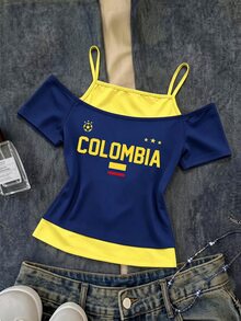 Elladie kids Tween Girls Creative Personalized Colombia Flag Navy Blue & Yellow Letter Pattern 2 In 1 Off-Shoulder Spaghetti Strap Short Sleeve T-Shirt, Summer - Multicolor - View 4