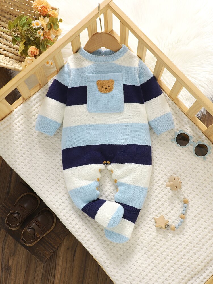 SHEIN Baby Boys Soft Knit Romper, Cozy Striped Button-Front One-Piece With Bear Pocket, Stretchy & Cozy, Newborn Infant Outfit, Soft Comfortable,Autumn And - Blue - View 5