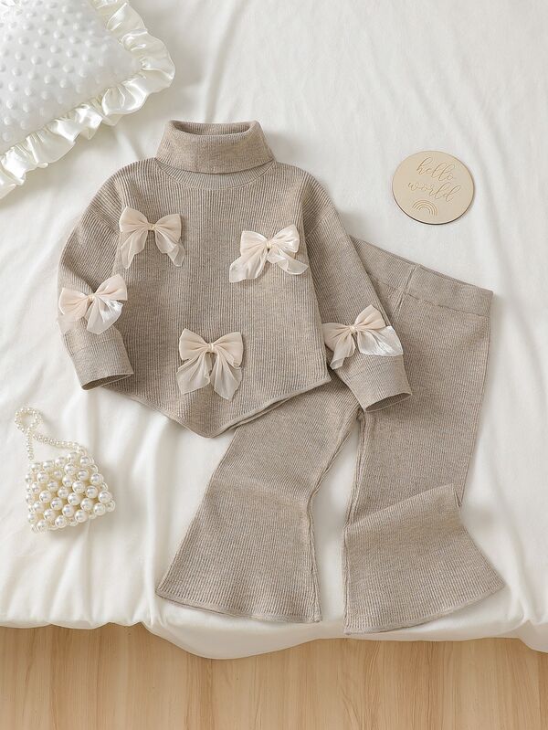 Infant (Girl) Sweater Set, Baby Girl Knitted Long Sleeve High Neck 3D Bow Sweater With Wide Leg Flare Pants, Apricot Color, 2-Piece Set, Elegant And Cute, Suitable For Spring, Autumn, Winter, Soft And Comfortable Fabric