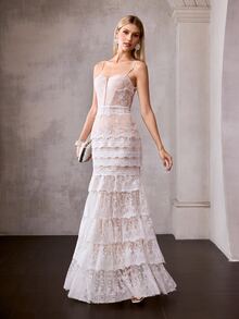 MOTF Soiréza LACE OVERLAY LAYERED RUFFLE HEM ELEGANT PARTY COCKTAIL DRESS, SPRING/SUMMER - White - View 6