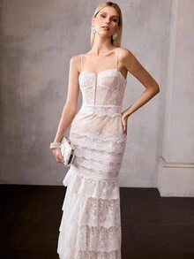 MOTF Soiréza LACE OVERLAY LAYERED RUFFLE HEM ELEGANT PARTY COCKTAIL DRESS, SPRING/SUMMER - White - View 7