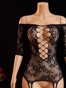 ChaseTheNight 1pc Sexy High Stretch Semi-Sheer Floral Printed Bodystocking, Suitable For Parties, Galas, Clubs, Plus Size - Black - View 5