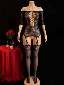 ChaseTheNight 1pc Sexy High Stretch Semi-Sheer Floral Printed Bodystocking, Suitable For Parties, Galas, Clubs, Plus Size - Black - View 3