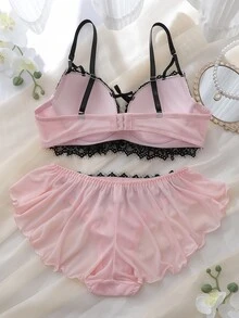 DelicateAllure 2pcs Pink Underwire Molded Cup Push-Up High Support Kawaii Satin Ruffle Lace Patchwork Women's Lingerie Set - Pink - View 7