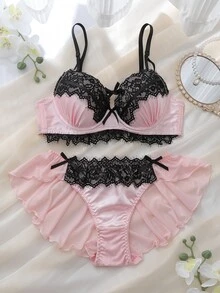 DelicateAllure 2pcs Pink Underwire Molded Cup Push-Up High Support Kawaii Satin Ruffle Lace Patchwork Women's Lingerie Set - Pink - View 5