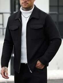 Manfinity CasualCool Men's Solid Color Zipper Casual Daily Long Sleeve Wool Jacket - Black - View 4