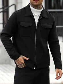 Manfinity CasualCool Men's Solid Color Zipper Casual Daily Long Sleeve Wool Jacket - Black - View 5