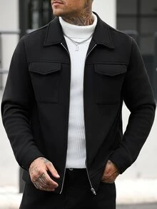 Manfinity CasualCool Men's Solid Color Zipper Casual Daily Long Sleeve Wool Jacket - Black - View 3