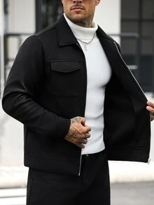 Manfinity CasualCool Men's Solid Color Zipper Casual Daily Long Sleeve Wool Jacket - Black - View 7