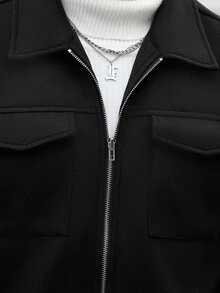 Manfinity CasualCool Men's Solid Color Zipper Casual Daily Long Sleeve Wool Jacket - Black - View 6