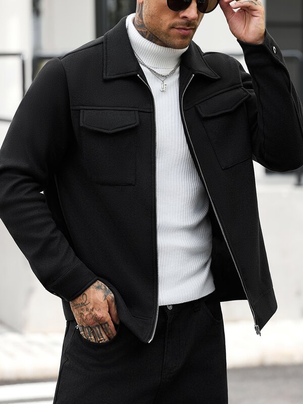 Manfinity CasualCool Men's Solid Color Zipper Casual Daily Long Sleeve Wool Jacket