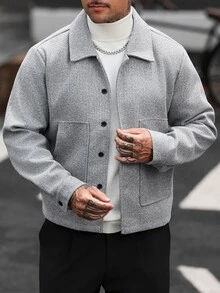 Manfinity CasualCool 男士灰色羊毛翻領鈕扣夾克，修身短版外套，秋季，休閒正式，辦公室 - 灰色 - 查看 6