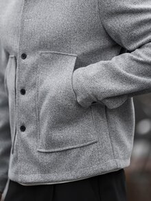 Manfinity CasualCool 男士灰色羊毛翻領鈕扣夾克，修身短版外套，秋季，休閒正式，辦公室 - 灰色 - 查看 5