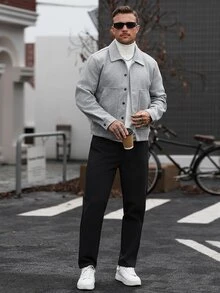 Manfinity CasualCool 男士灰色羊毛翻領鈕扣夾克，修身短版外套，秋季，休閒正式，辦公室 - 灰色 - 查看 4