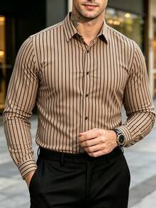 Manfinity Mode Men's Business Casual Long Sleeve Striped Shirt, Formal, Ceremony - Khaki - View 2