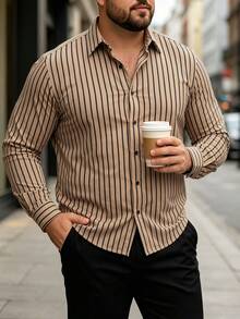 Manfinity Mode Men's Business Casual Long Sleeve Striped Shirt, Formal, Ceremony - Khaki - View 4