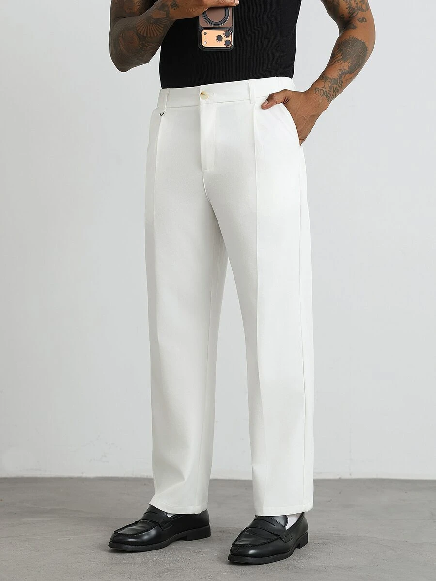 HUEFORM Men's White Classic Versatile Elegant High-Waist Loose Drape Comfortable Pants With D-Ring Buckle Decor, Ins Style - White - View 1